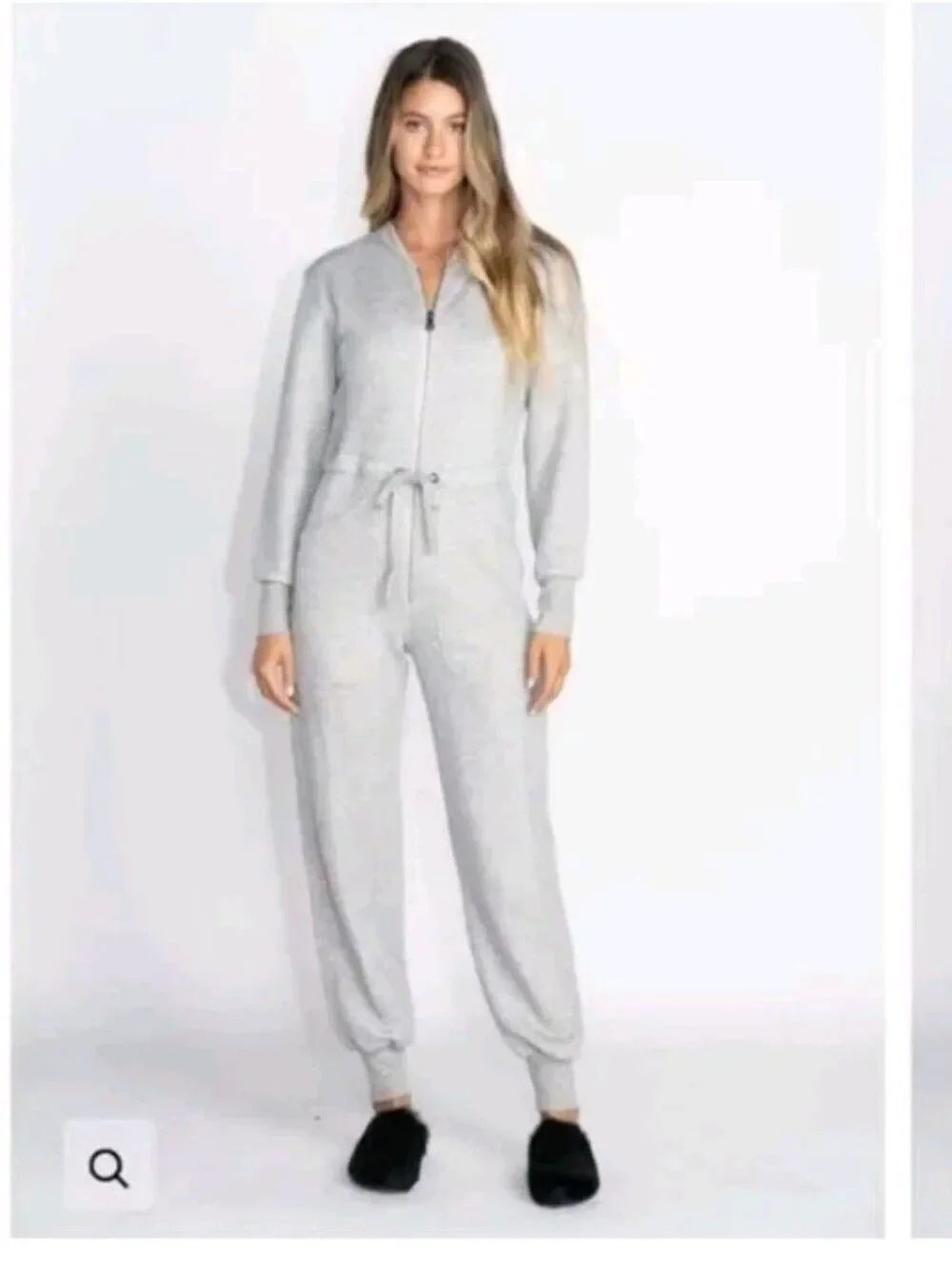 Rivet Utility Maven Grey Zip Up Jumpsuit Pockets Drawstring Waist Womens Small